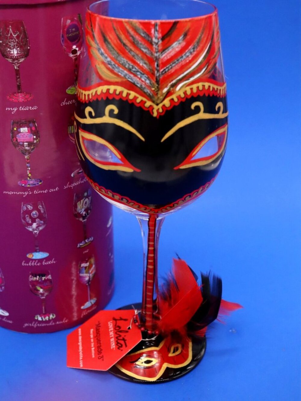 Lolita MASQUERADE 3 Mardi Gras Wine‎ Glass Hand Painted w/ Recipe on Bottom New
